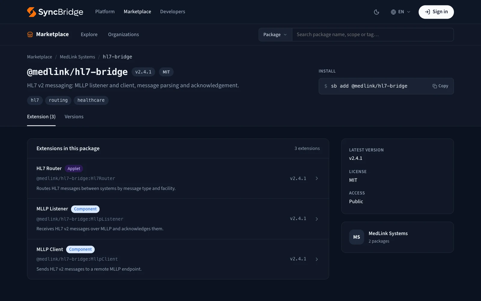 A package on the Marketplace: its app and components, its version and license