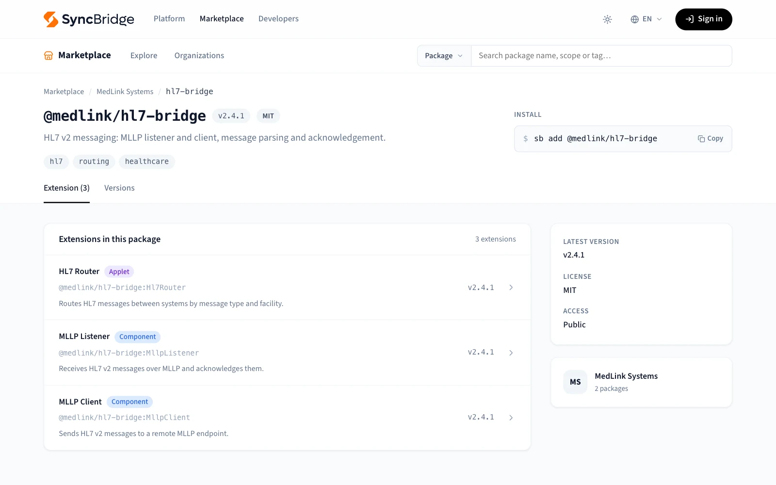 A package on the Marketplace: its app and components, its version and license